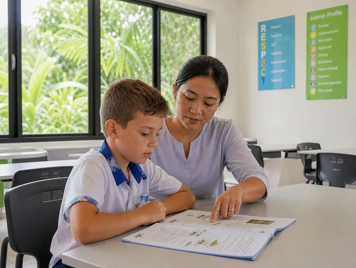 Classroom Companion 2026. Specialized educator helping a neurodivergent child at school.