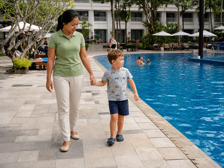 Child Safety Protocols in Bali. Expert caregiver maintaining pool safety and arm's length supervision for toddlers.