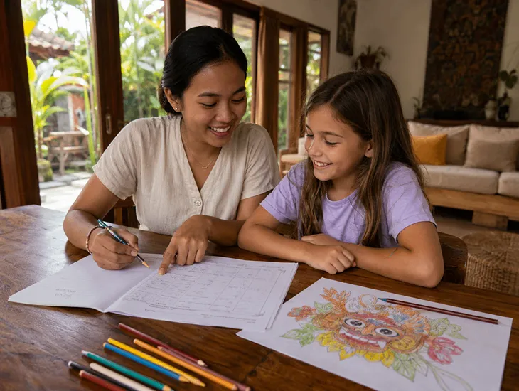 Homework Help Sitter 2026. Professional caregiver balancing academic tasks with creative drawing in a villa.