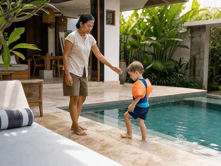 Babysitter in Bali 2026. Trained professional supervising a young child near a tropical residential pool.