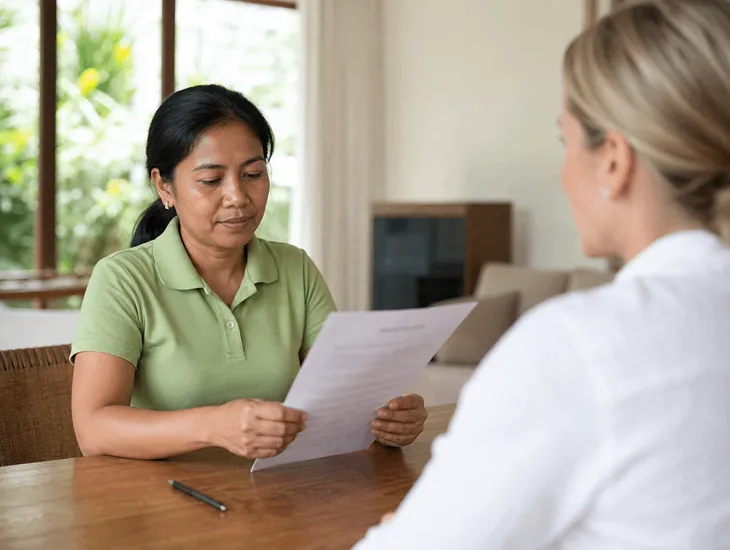 Wage for a Babysitter in Bali 2026. Caregiver reviewing a formal employment contract in a villa.