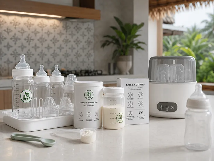 Baby Bottles Guide 2026 – Assorted BPA-free feeding equipment displayed on a clean kitchen counter