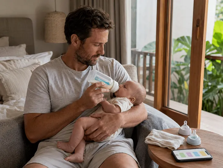 Baby Bottles Guide 2026 – Expatriate father feeding a calm infant using an anti-colic system
