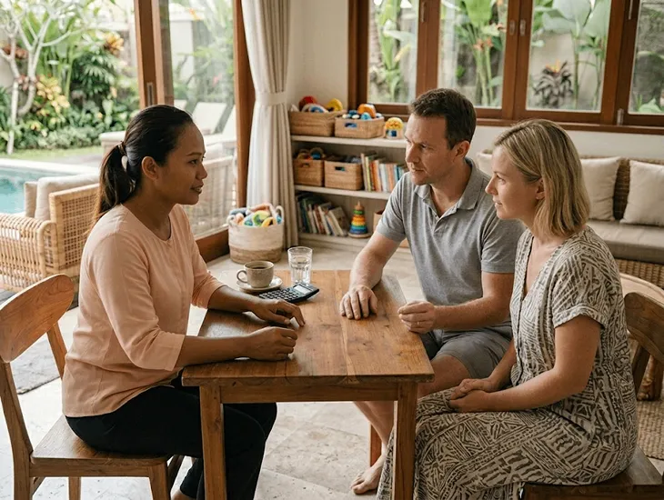 Fair Childcare Contracts 2026 – Babysitter in Indonesia reviewing a clear work schedule with parents