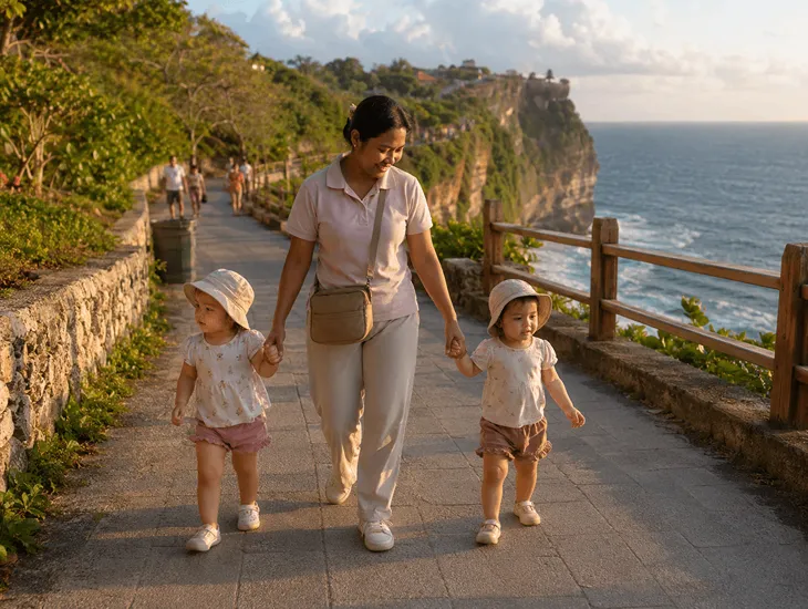 Expat Family Support 2026 – Happy family walking near the cliffs in Uluwatu with their caregiver