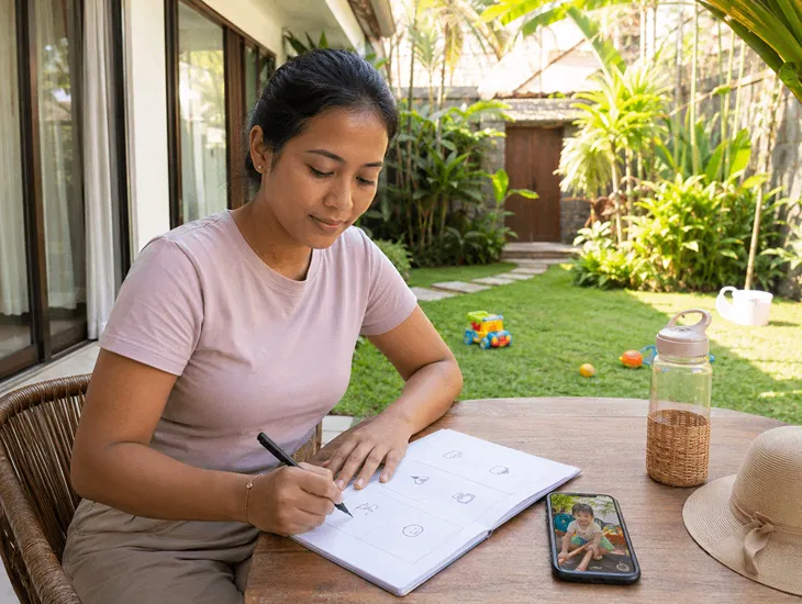 Daily Babysitter Responsibilities in Bali 2026 – Caregiver writing a daily summary in a sunny garden