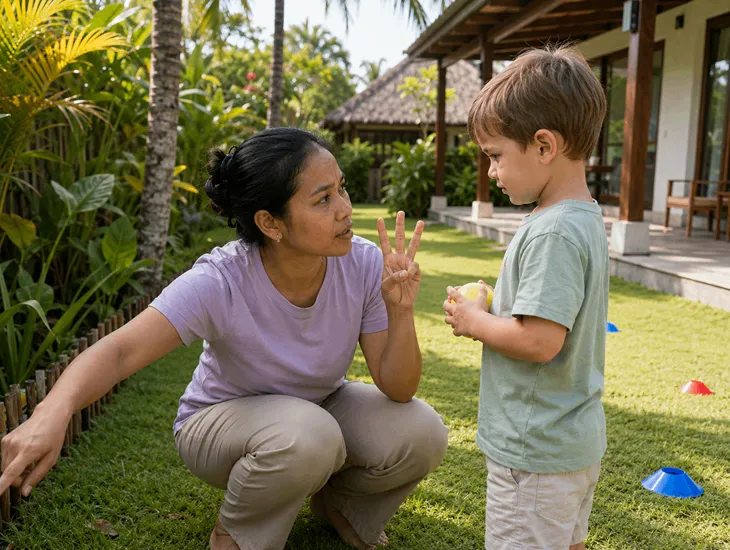 Clear Rules in Indonesia 2026 – Caregiver explaining simple instructions to a toddler outdoors
