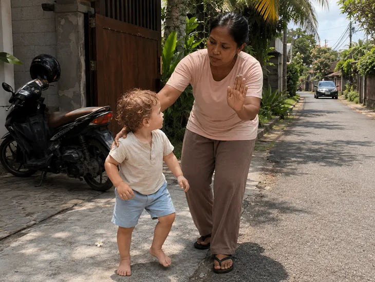 Child Safety in Bali 2026 – Babysitter in Indonesia guiding a toddler away from the street safely