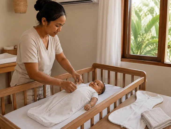 Baby Blanket Types 2026 – Childcare professional in Bali placing an infant in a sleep sack