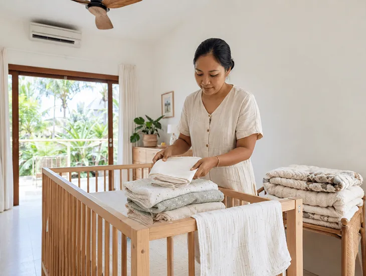Baby Blanket Types 2026 – Babysitter in Bali organizing breathable muslin blankets on a crib