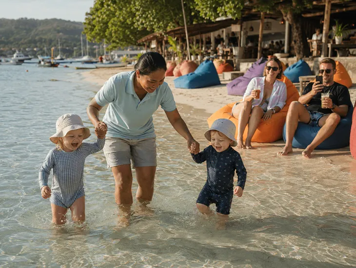 Family Adventures in Bali 2026 – Babysitter supervising toddlers in shallow waters at Jungut Batu Beach