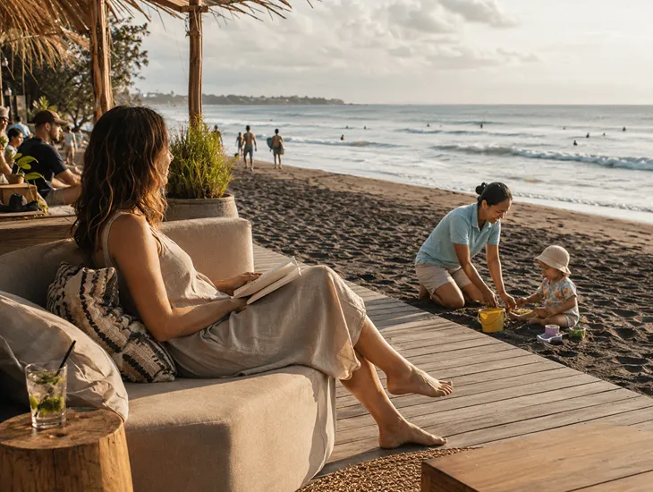 Family Adventures in Bali 2026 – Expatriate mother relaxing at a beach club while her child plays