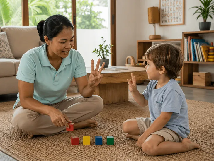 Babysitter Are Covert Tutors 2026 – Professional caregiver teaching a child to count colorful blocks