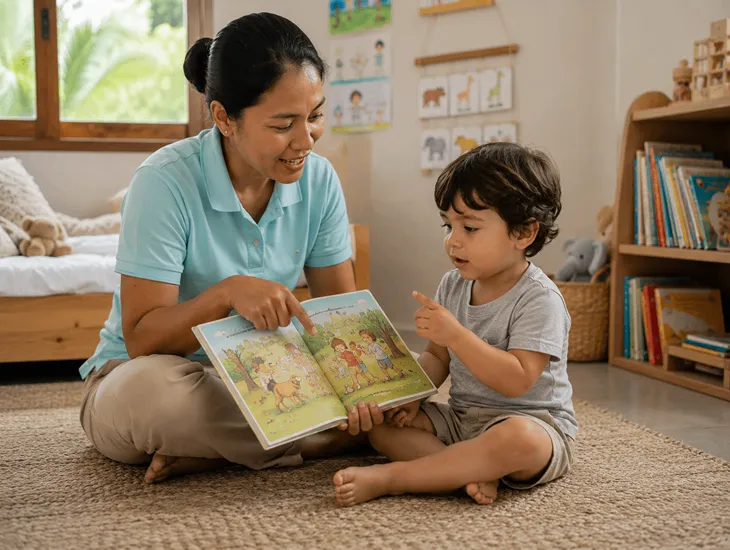Babysitter Are Covert Tutors 2026 – Caregiver reading a storybook to an engaged toddler in a room
