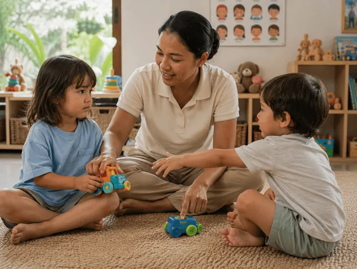 Babysitter Are Covert Tutors 2026 – Caregiver guiding two young children to share toys peacefully