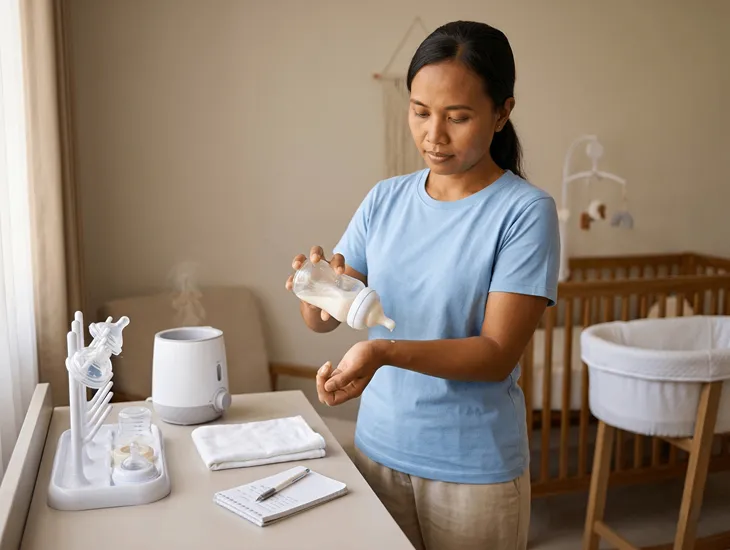 Newborn Care Specialist in Bali 2026 – Caregiver checking the temperature of a sterile baby bottle
