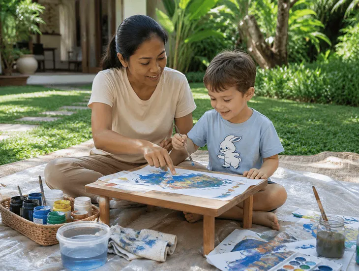 Creative Playtime Support 2026 – Professional caregiver guiding a painting session in the garden