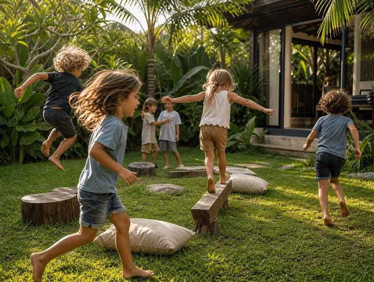 Unstructured Play for Kids 2026 – Children running and inventing games in a tropical garden