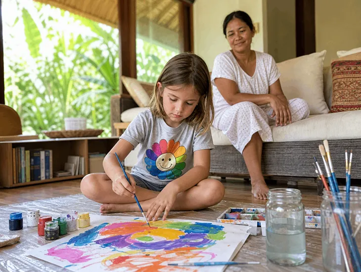 Unstructured Play for Kids 2026 – Caregiver observing a child painting creatively alone