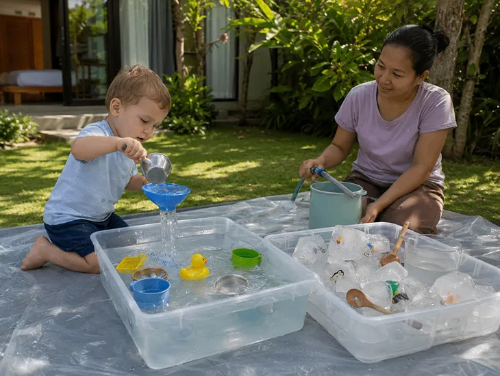 Toddler Outdoor Play in Bali 2026 – villa garden sensory bins with water, ice rescue games, and caregiver‑managed setup and cleanup for flexible, mess‑free toddler play at home