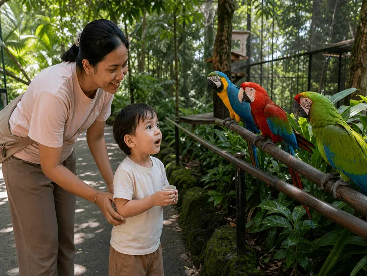 Toddler Outdoor Play in Bali 2026 – Gianyar bird park offers shaded paths, safe bird feeding, and colorful sights and sounds that build confidence and gentle animal curiosity in toddlers