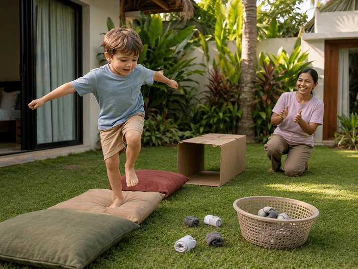 Toddler Outdoor Play in Bali 2026 – backyard obstacle courses with cushions, tunnels, and throwing games to build balance, coordination, and pre‑nap energy release for toddlers