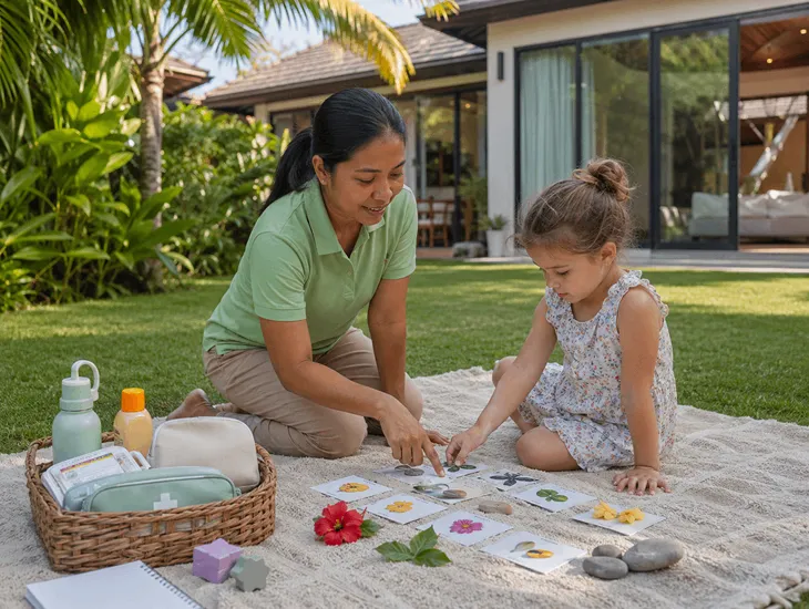 Child Care Timing 2026 – Professional babysitter in Bali organizing educational outdoor play safely