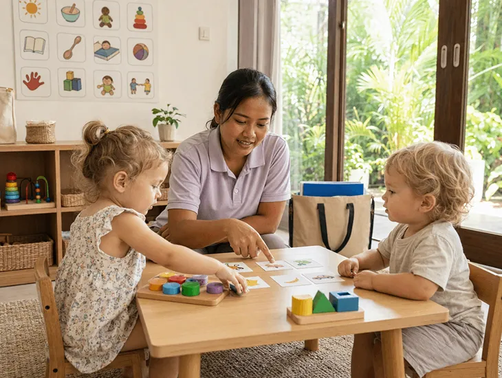 Child Care Timing 2026 – Babysitter in Indonesia guiding toddlers during a fun learning activity