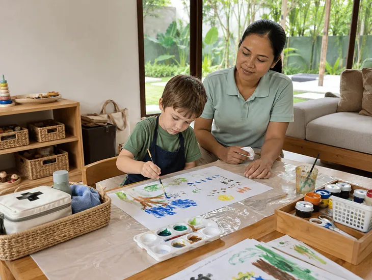 Child Care Timing 2026 – Experienced babysitter in Bali supervising a child during an art project