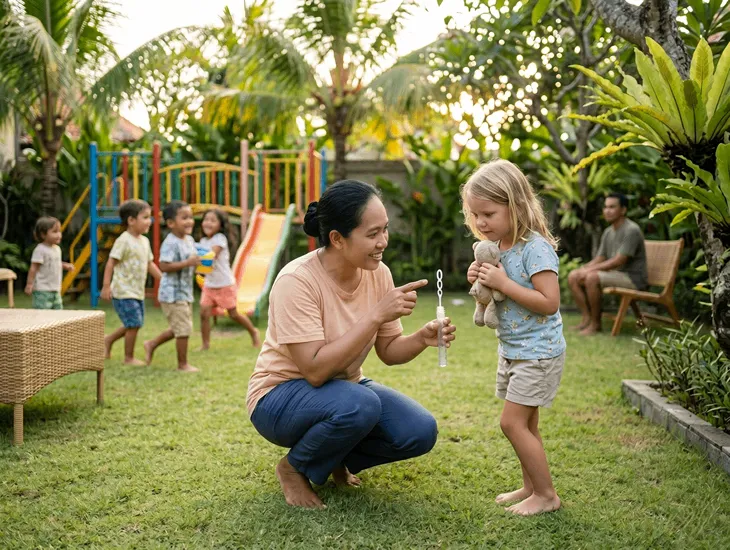 Child Social Anxiety in Bali 2026 – Caregiver in Indonesia encouraging a shy toddler at park
