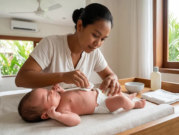 Newborn Umbilical Cord Care 2026 – Babysitter in Indonesia gently cleaning an infant safely