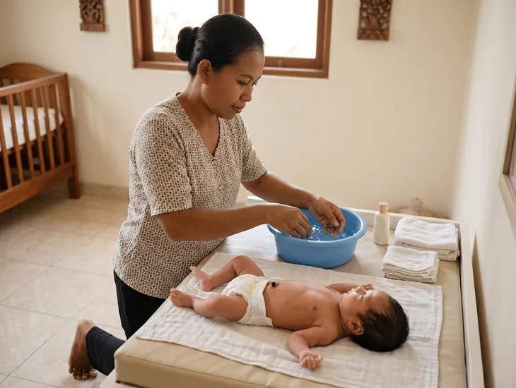 Newborn Umbilical Cord Care 2026 – Babysitter in Bali preparing a safe sponge bath