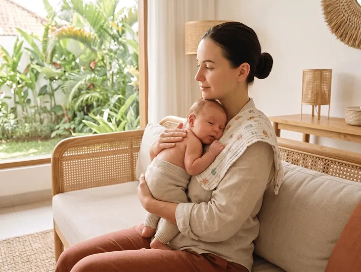 Pediatric Guidelines 2026 – Experienced babysitter in Bali gently burping a newborn after a meal