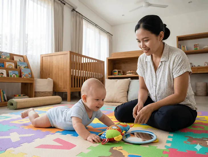 Infant Posture Support 2026 – Babysitter in Bali watching an infant perform tummy time