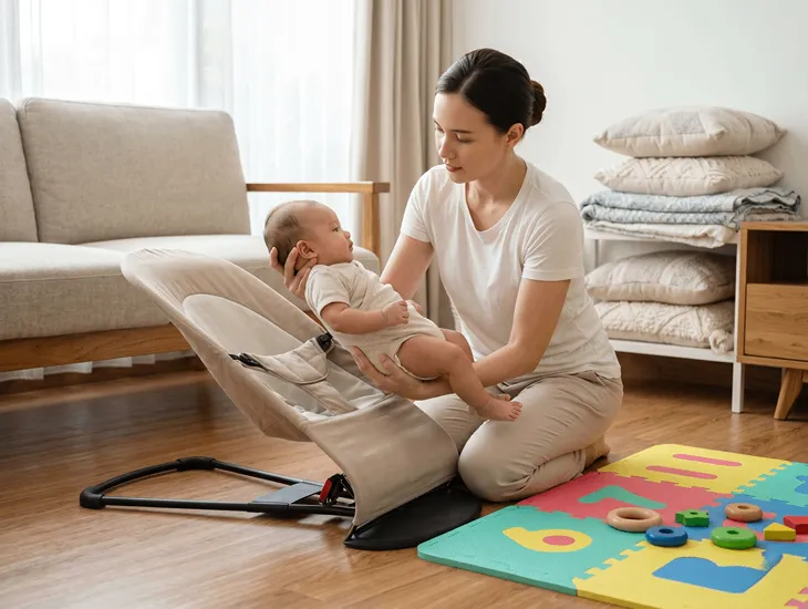 Unsafe Infant Gear 2026 – Babysitter in Indonesia moving a baby from a bouncer safely