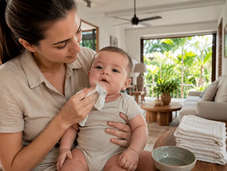 Recognizing and Managing Baby Drool Rash 2026 – Mother wiping saliva from an infant's chin