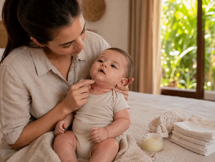 Recognizing and Managing Baby Drool Rash 2026 – Caregiver applying protective ointment gently