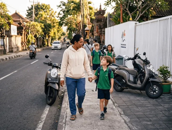 Essential School Safety Tips in Bali 2026 – Babysitter guiding a young student across a busy street