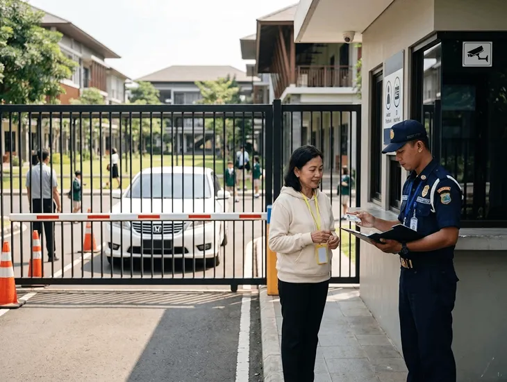 Student security 2026 – Security guard checking identification badges at a campus gate