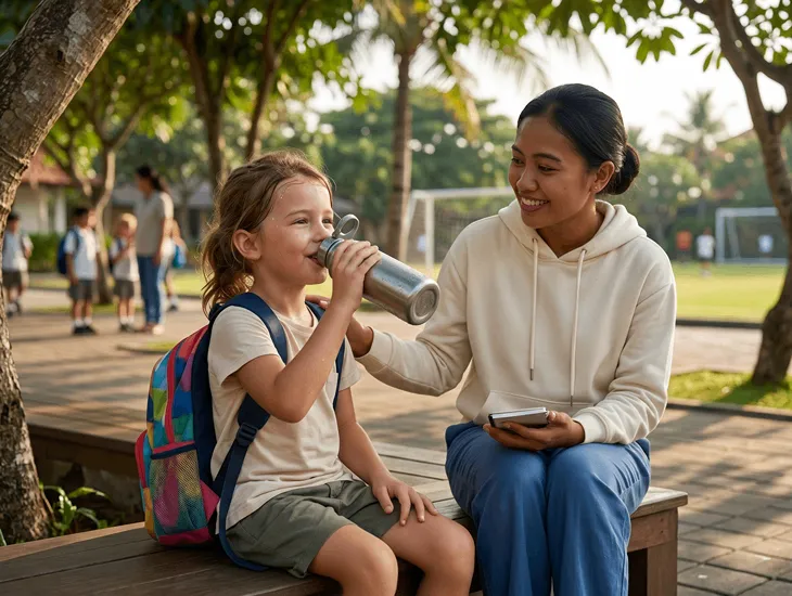 Post class supervision 2026 – Happy child drinking water in shade after afternoon classes