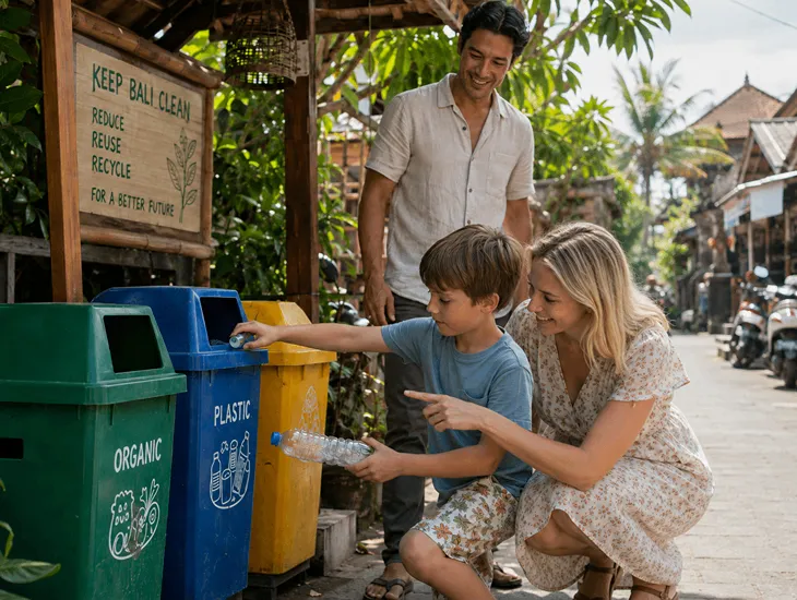 Socially Responsible Parenting in Bali 2026 – Babysitter in Indonesia guiding a child to recycle plastic