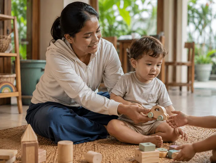 Compassionate Children in Indonesia 2026 – Babysitter in Bali teaching a toddler to share wooden toys