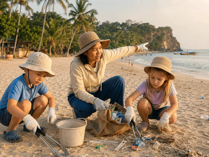 Environmental Responsibility in Indonesia 2026 – Babysitter in Bali picking up beach litter with kids