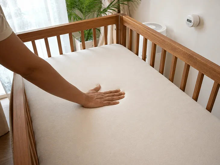 Baby Crib Selection Guide in Bali 2026 – Firm mattress fitting snugly inside a secure wooden frame