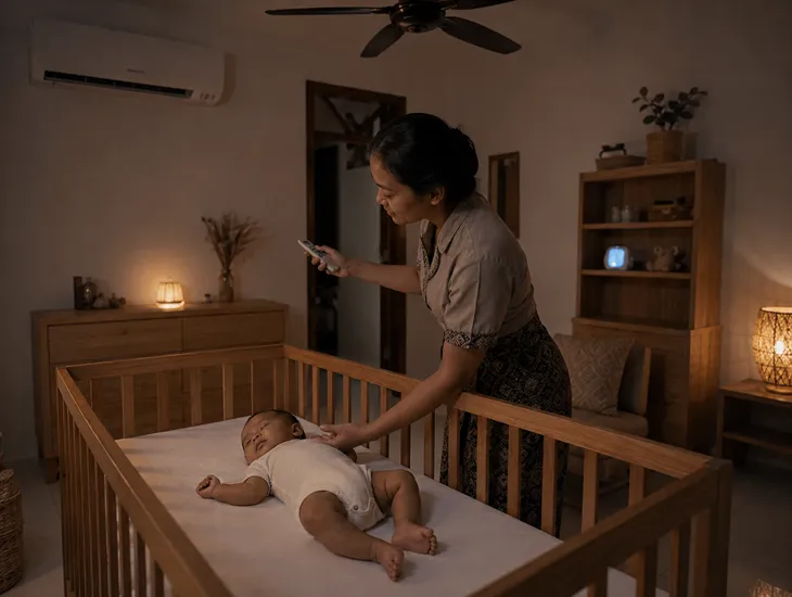 Baby Crib Selection Guide in Bali 2026 – Babysitter adjusting room temperature for a sleeping infant