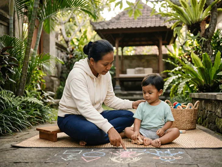 Raising Good Humans in Bali 2026 – Caregiver in Indonesia guiding a calm toddler safely today