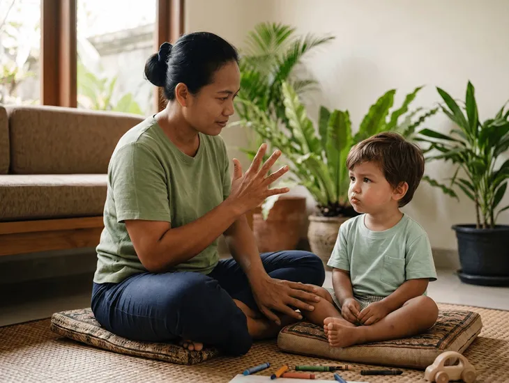Gentle Discipline in Indonesia 2026 – Caregiver in Bali helping a frustrated child breathe slowly
