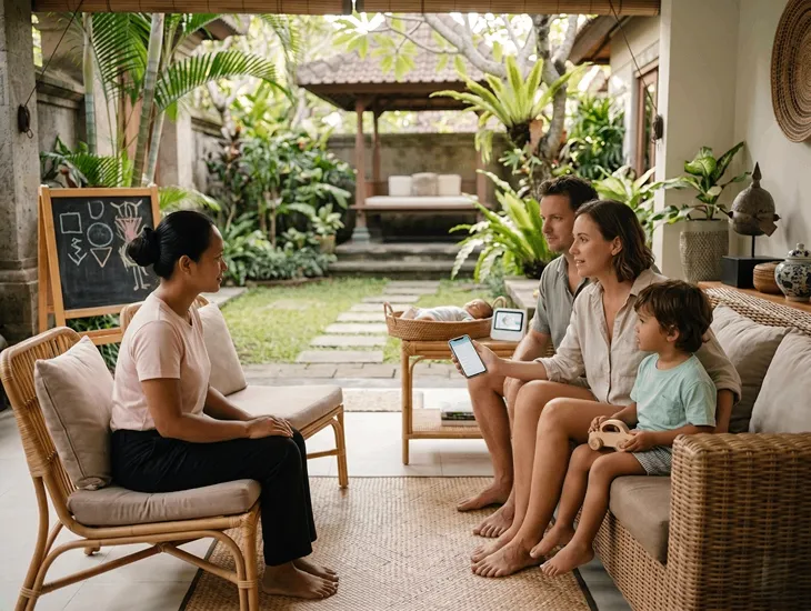 Cultural Respect in Indonesia 2026 – Expat family in Bali interacting calmly with their local staff