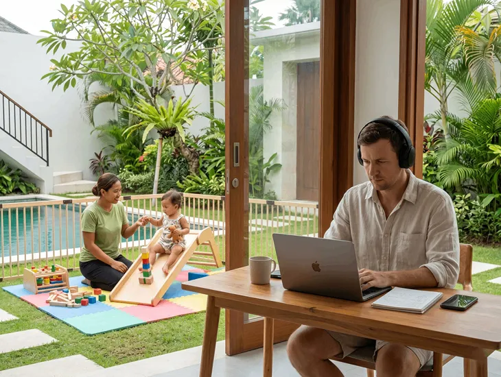 Childcare in Bali 2026 – Babysitter guiding a toddler safely while parent works independently