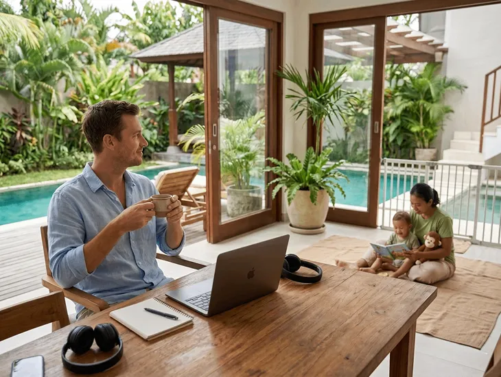 Remote work in Indonesia 2026 – Father drinking coffee while babysitter entertains toddler
